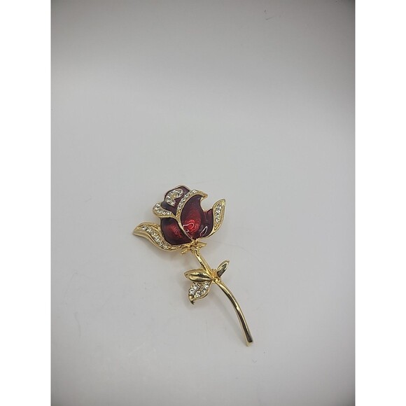 Vintage Brooch Pin Rose Flower Gold Tone Crystals Jewelry Costume - Picture 3 of 15
